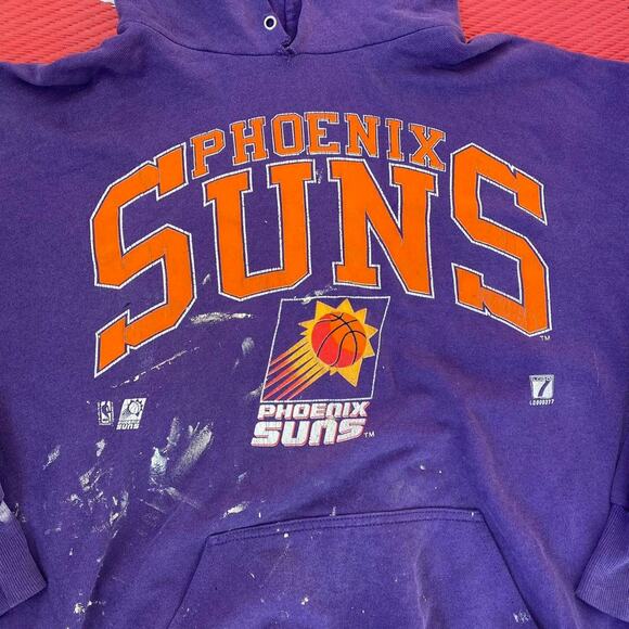 Vintage 90s Logo 7 NBA Phoenix Suns Basketball Paint Distressed Pullover Hoodie - Picture 3 of 5